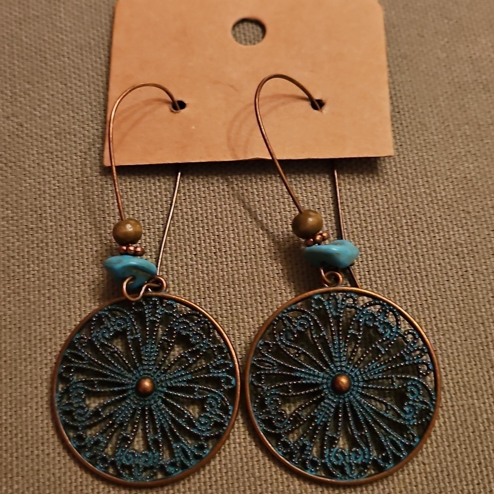 Teal and Bronze Earrings, Beautiful Wheel Shape, New, Never Worn